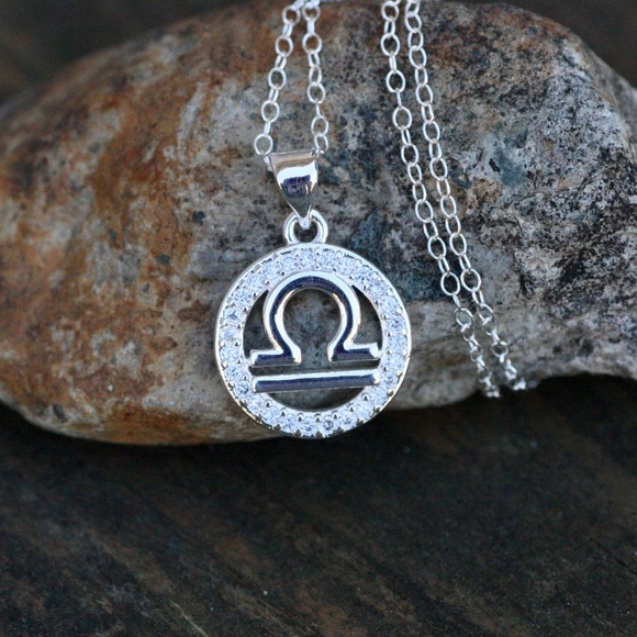 Libra Pendant Sterling Silver 925 , 14k White Gold Plated , October Zodiac - Picture 7 of 8